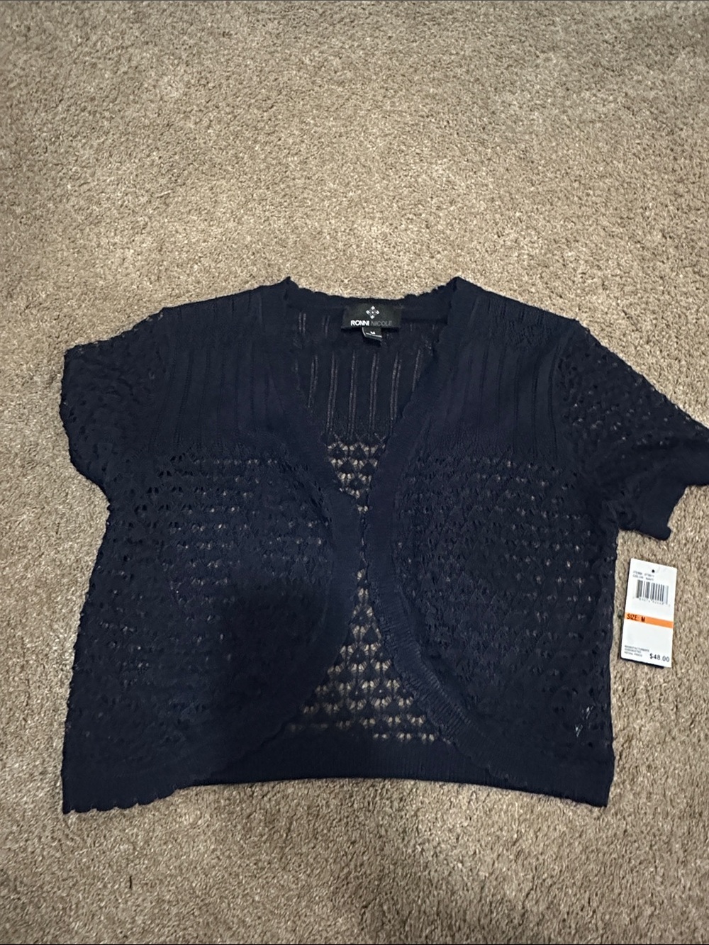 Ronen Chen Navy Open-Knit Cropped Cardigan
